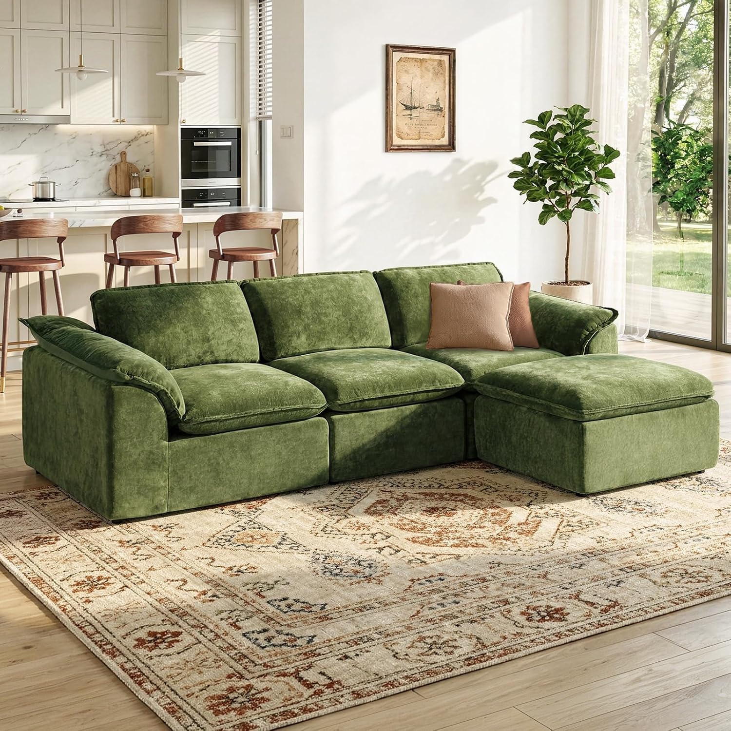 HALLYBEE 112' Cloud Couch Sectional with Padded Armrests & Moveable Ottoman Boneless Sectional Couches for Living Room Green Couch, No Assembly Required