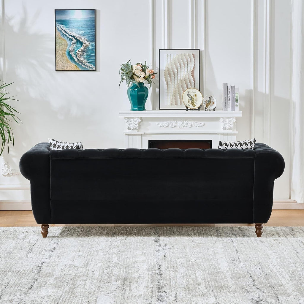 87' Velvet Tufted Sofa for Living Room, Elegant 3 Seater Upholstered Chesterfield Couch with Nailhead Rolled Arms and 2 Pillows for Home Office, Apartment, Studio, Black