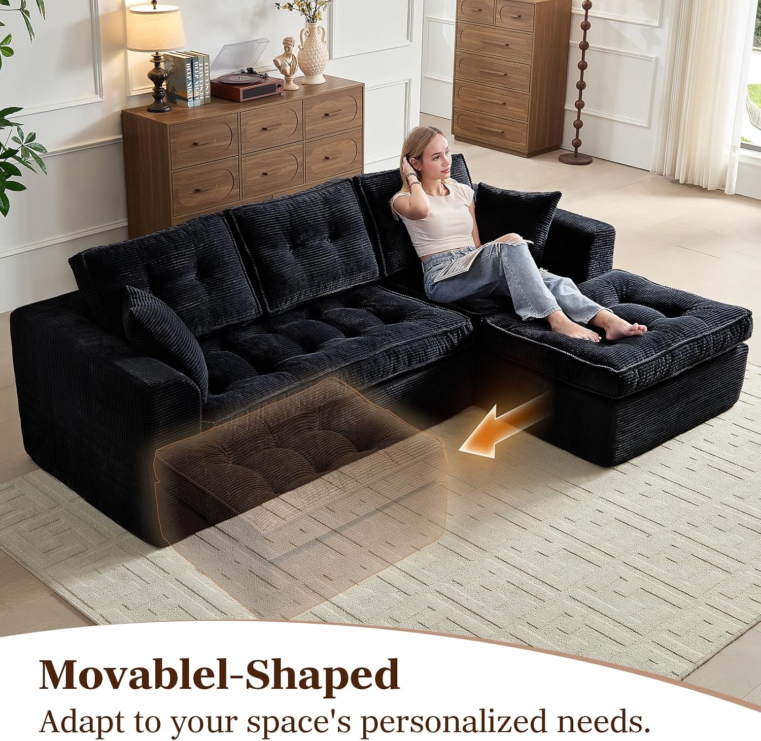 ROXGOX Cloud Couches for Living Room, Modern Modular Sectional Sofa with L-Shape Chaise, Boneless Couch with Deep Seat, Plush Corduroy, No Assembly Required (Black)