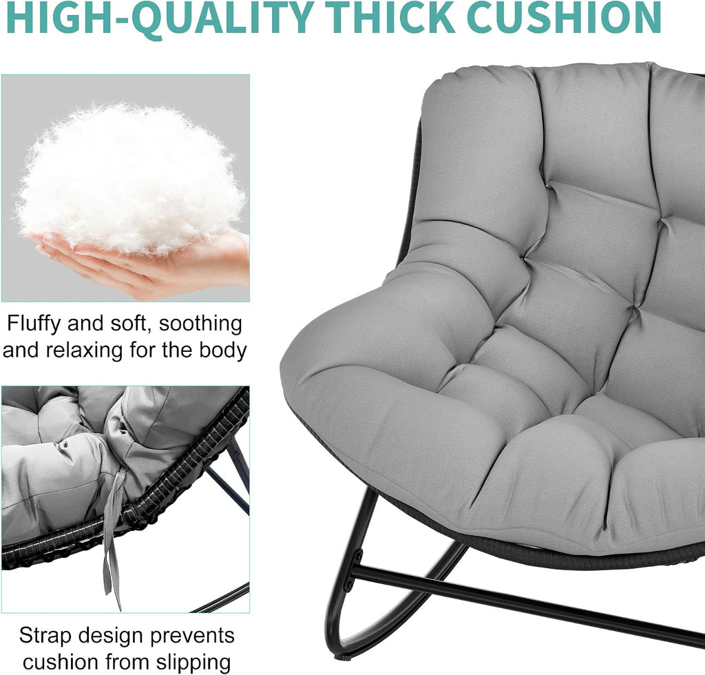 Fancyango Oversized Egg Rocking Chair for Indoor/Outdoor – All-Weather Wicker Rattan Lounge Chair with Cushion, Patio Rocker for Porch, Garden, or Balcony (Grey, 37.8' D x 36.6' W x 33' H)