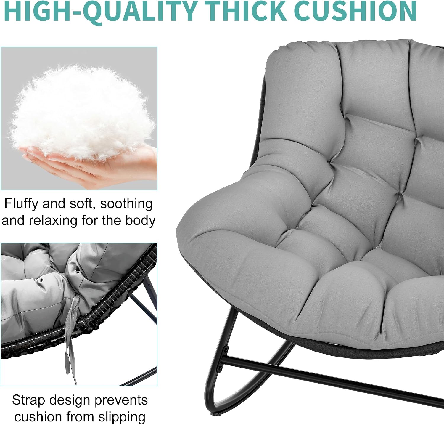 Fancyango Oversized Egg Rocking Chair for Indoor/Outdoor – All-Weather Wicker Rattan Lounge Chair with Cushion, Patio Rocker for Porch, Garden, or Balcony (Grey, 37.8' D x 36.6' W x 33' H)