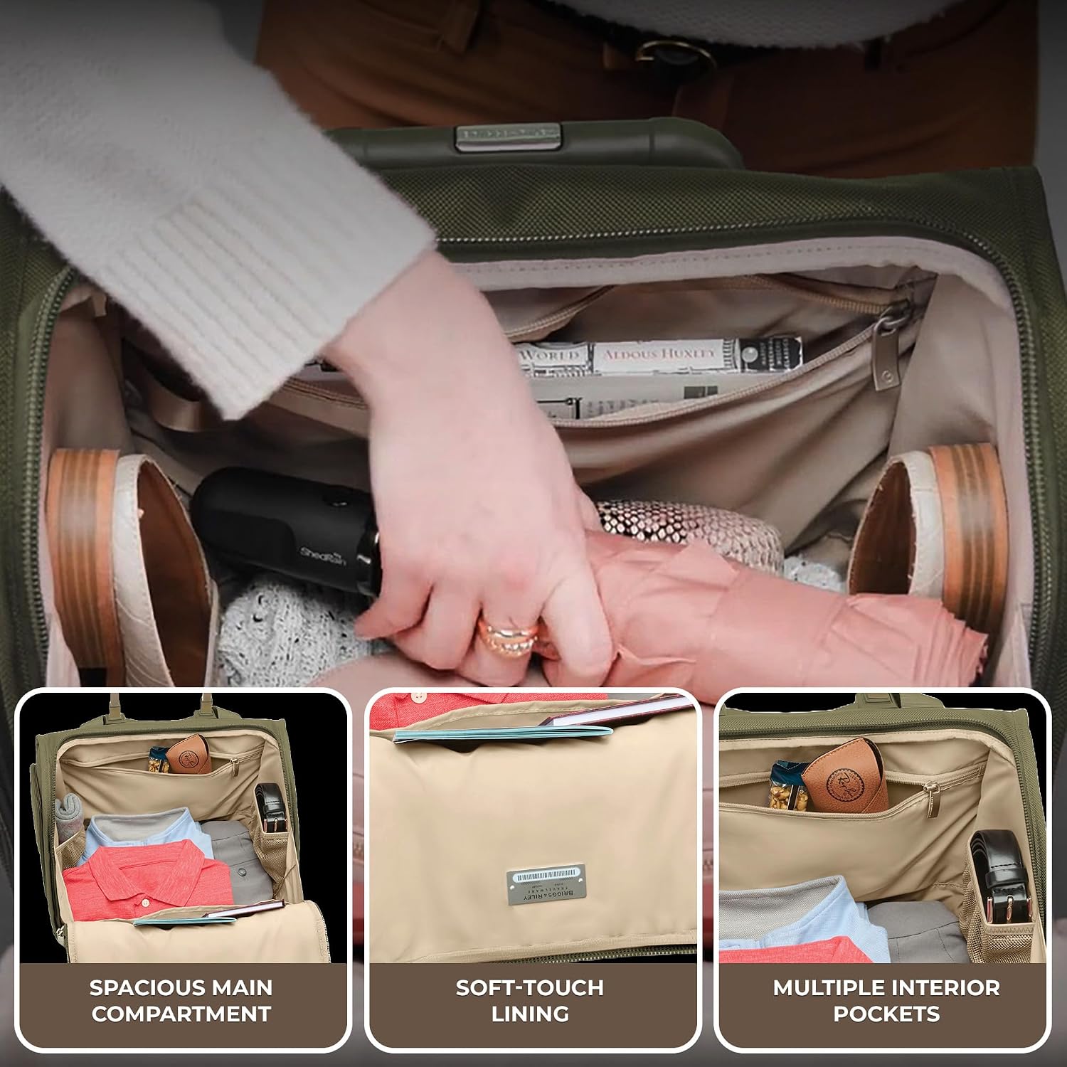 Briggs & Riley 2-Wheel Cabin Bag - Carry On Luggage for Travel, Suitcases with Wheels, Softside Rolling Bag for Men & Women, Interlocking Handle, Self-Repairing Zipper - Baseline Collection, Olive
