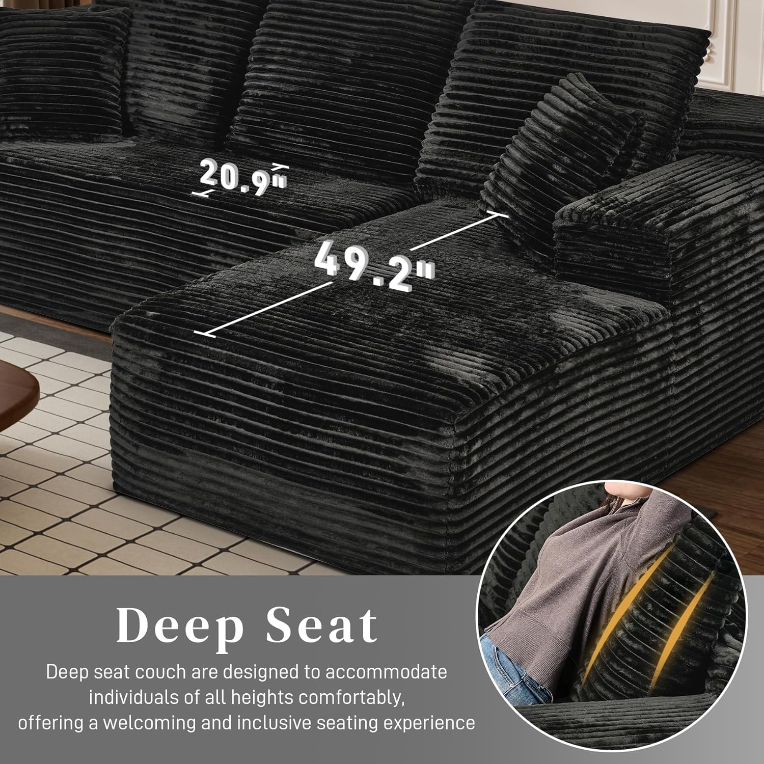 108' Boneless Couches for Living Room, L Shaped Comfy Cloud Modular Sectional Memory Foam Deep Seat Boneless Couch, No Assembly Required Boneless Sofa for Living Room with Right Facing Chaise, Black