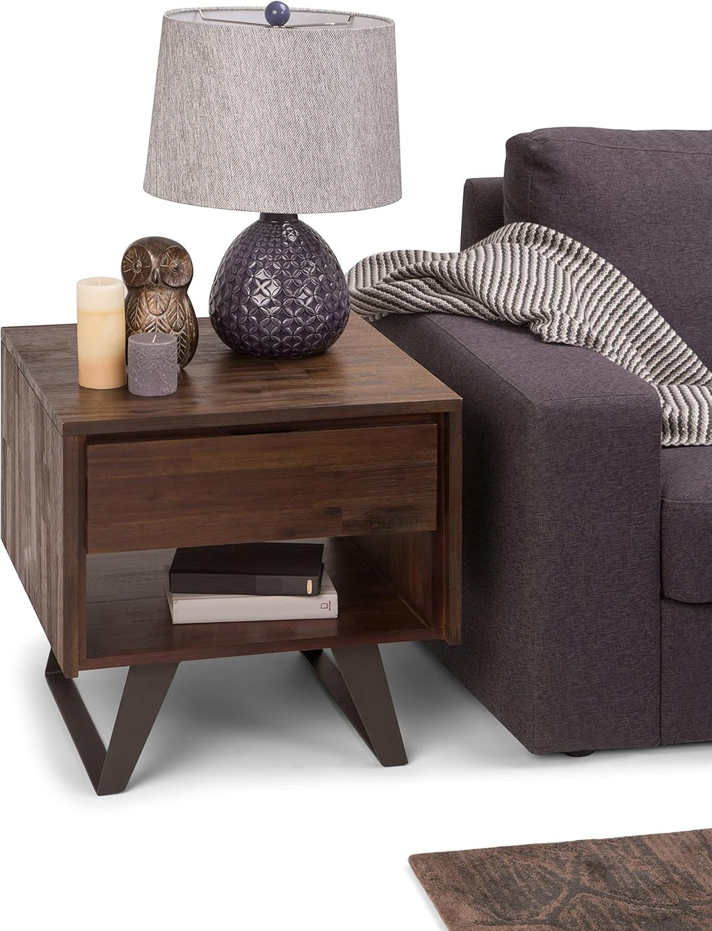 SIMPLIHOME Lowry End Table - 22 inch Wide Solid Acacia Wood Square Accent Table with Drawer and Open Shelf in Distressed Charcoal Brown, Modern Industrial Lamp Stand with Angled Legs for Living Room