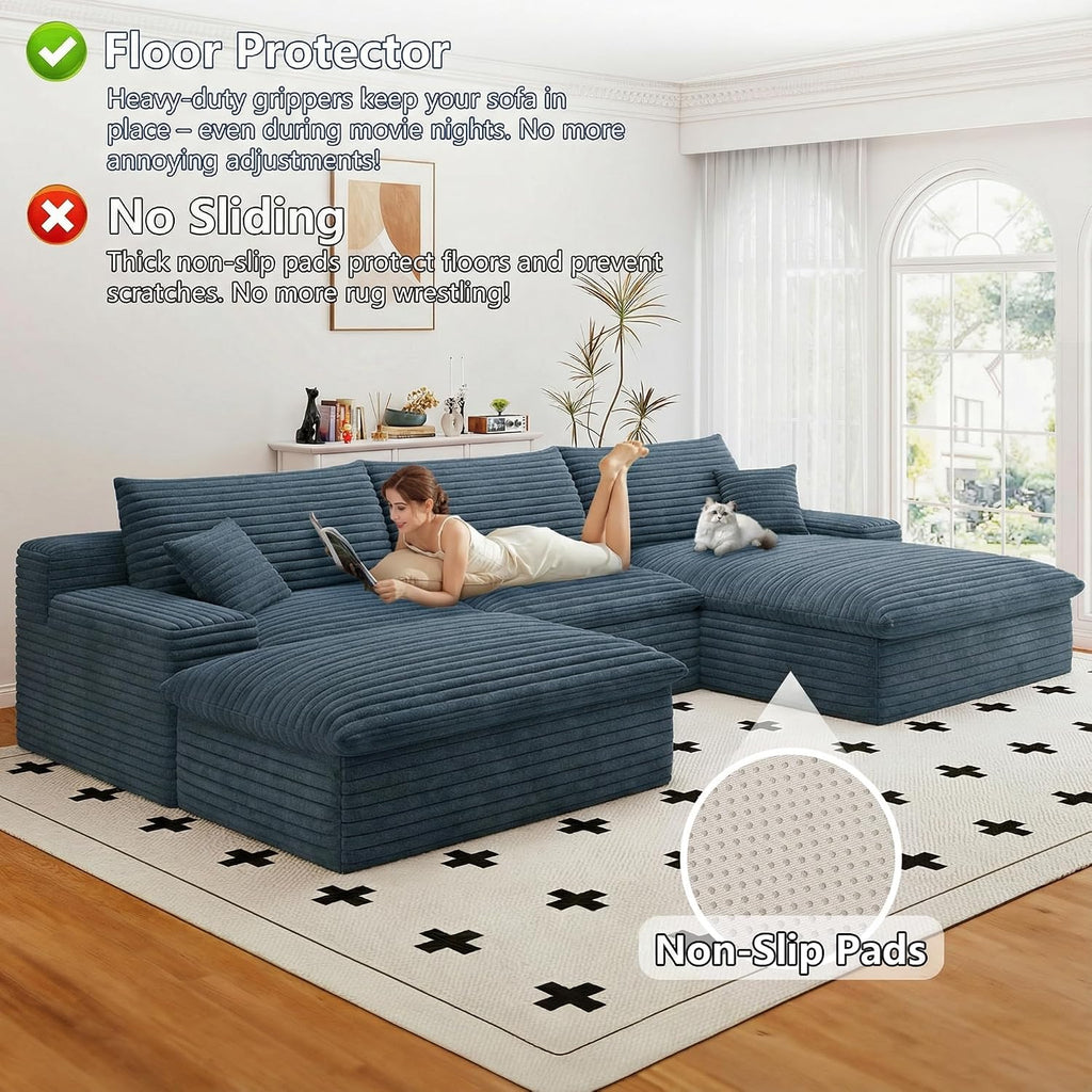 107' Cloud Couch Modular Sectional Sofa for Living Room, U-Shape Boneless Couch with Deep Seat, Modern Corduroy 3-Seater with Ottoman, No Assembly Required (Blue,Right-Facing Chaise)