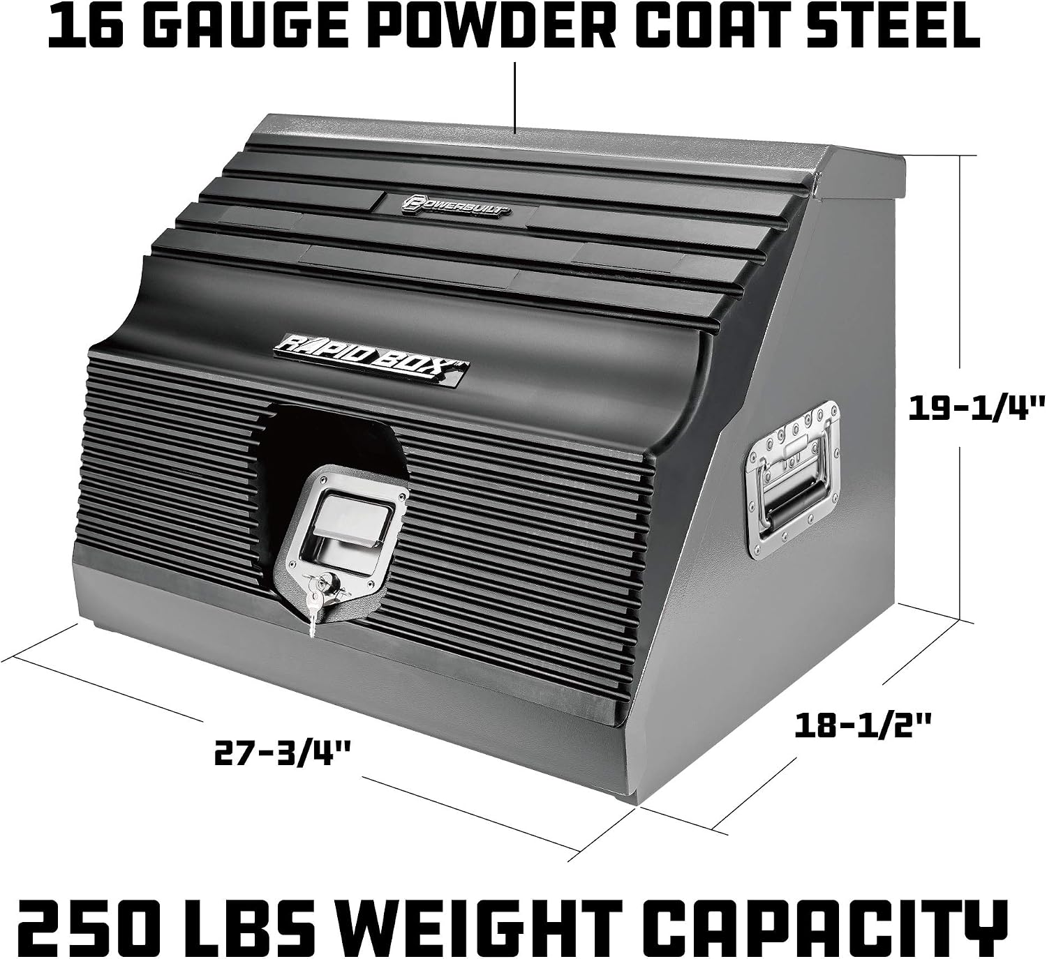 Powerbuilt 26 Inch Portable Slant Front Rapid Toolbox Tiered Stairstep Tool Holders, 16 Gauge Steel, Chrome Hardware, Weather-Resistant Lockable Polymer Lid, Grey, 240111