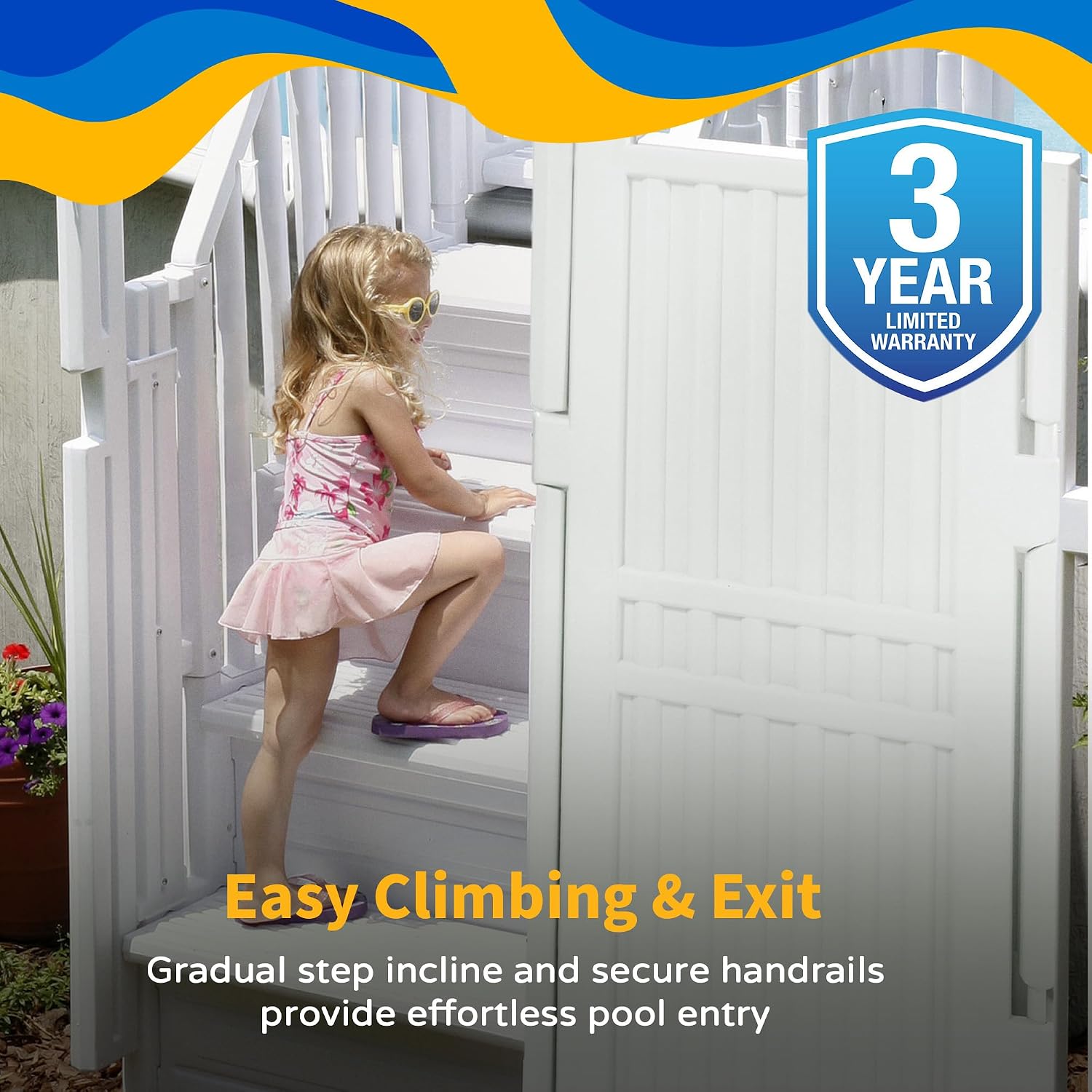 Blue Wave Easy Pool Entry System for 48 to 54-in Deep Above Ground Pools – Secure Pool Steps & Ladder Set w/Lockable Gate, Rust-Resistant Vinyl, Handrails, Anti-Entrapment Barrier – 350-lbs Cap.