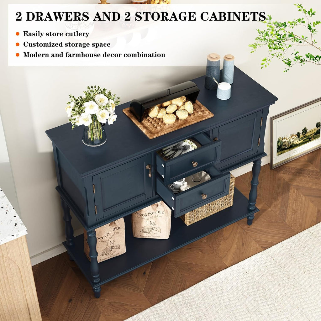 ARTPOWER Console Table with 2 Drawers, Retro Entryway Table with 2 Door Cabinets and Open Storage Shelf, Narrow Long Behind Couch Sofa Table for Living Room, Foyer, Hallway, Blue