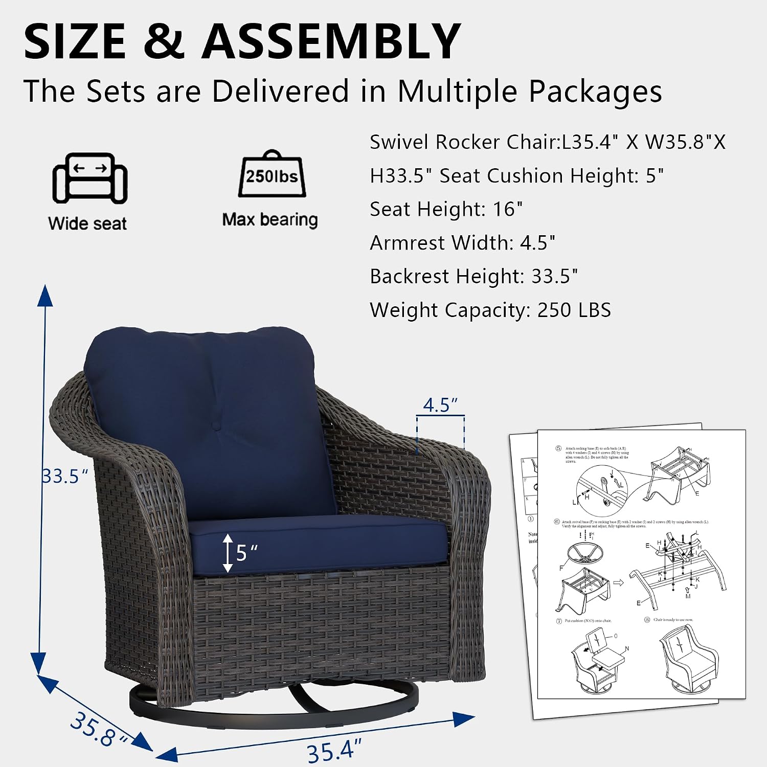 Wicker Swivel Rocking Chairs Set 2, Outdoor Brown Wicker Swivel Glider Chair Outdoor Rocking Chair with Water-Resistant Cushions, Blue