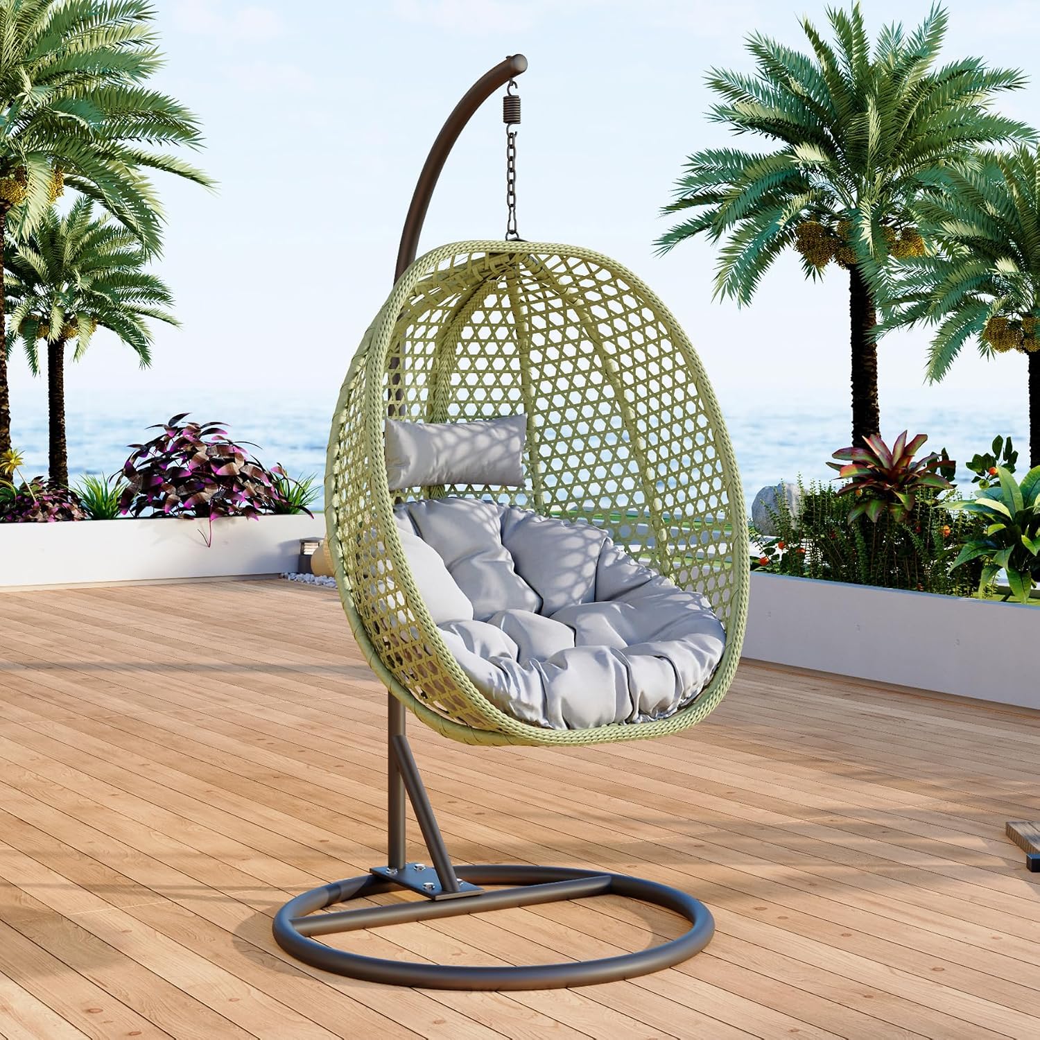 Egg Swing Chair Outdoor with Stand, Hanging Egg Rattan Basket Chair with Cushion and Pillow, Lounge Chair, Foldable Basket and Metal Stand for Porch, Patio, Bedroom, Balcony,Yard (Green)