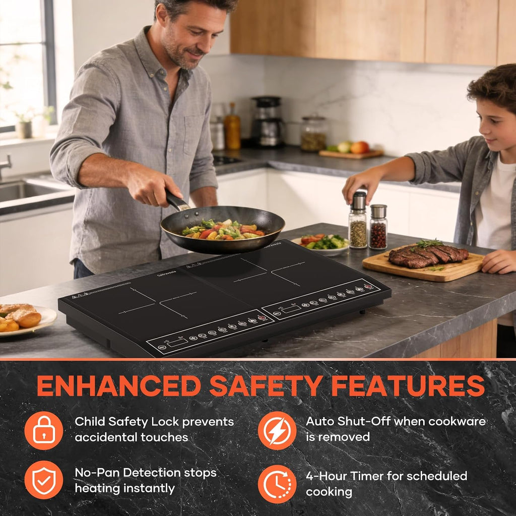 Double Induction Cooktop 1800W, Portable 2 Burner Electric Cooktop with Button Control, 10 Power Levels, 4-Hour Timer, Safety Lock, 110-120V