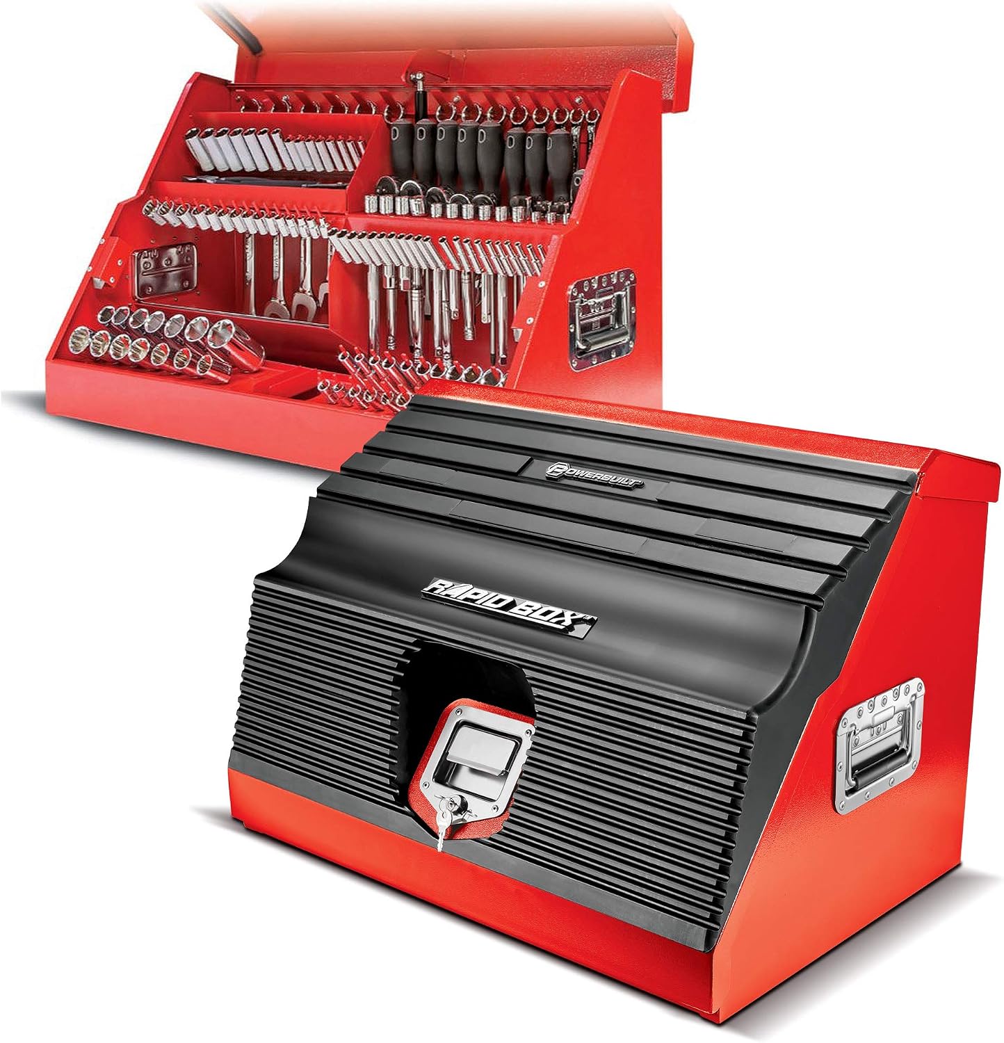 Powerbuilt 26 Inch Portable Slant Front Rapid Toolbox Tiered Stairstep Tool Holders, 16 Gauge Steel, Chrome Hardware, Weather-Resistant Lockable Polymer Lid, Red, 240311