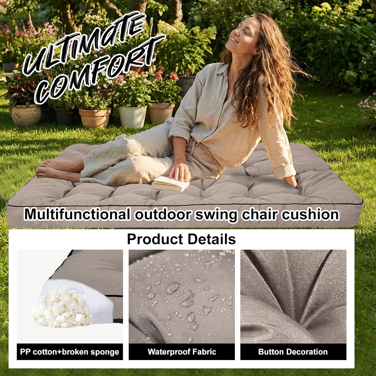Waterproof Porch Swing Cushion Replacement, Thick 4' 2–3 Seat Outdoor Swing Seat Cushion with Backrest & Ties for Patio, Garden & Porch (Khaki, 40 x 55 in)