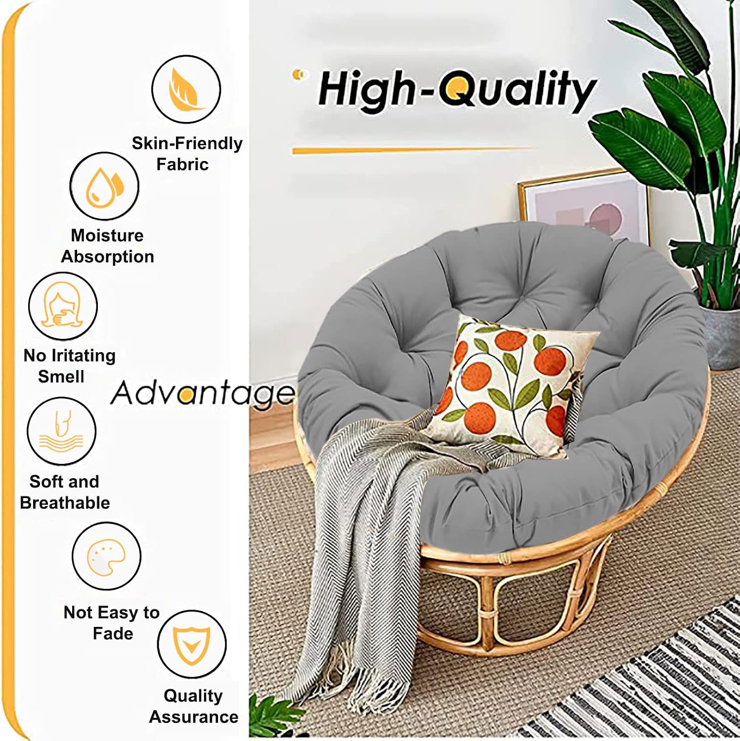 SRHWBF Papasan Cushion Only, Rounded Oversized Chair Pad Indoor Thick Comfy Solid Color Polyester Thick Indoor Balcony Outdoor Patio Yard Garden (Gray Ø160cm/63 in)