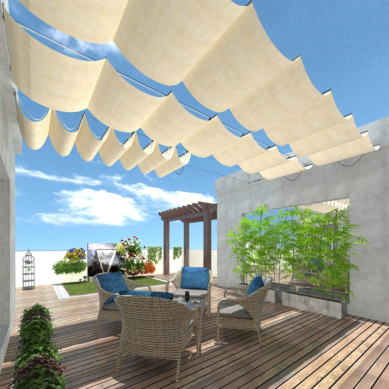 TANG 4' x 16' Pergola Cover Shade Canopy, Retractable Awning Sun Shades Outdoor Patio Pergolas Kit for Deck Backyard Gazebo, Wave Shade Sail with Hardware Wire Cable, Beige