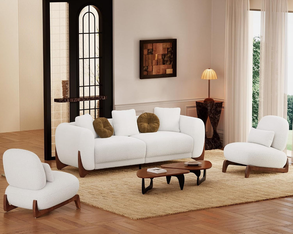 Morden Fort Cloud Boucle Chairs - Modern Accent Chairs Set of 2, Sturdy Tilted Wood Legs with Thick Cushion Comfy Lumbar Pillow Armless Reading Chairs for Living Room Lounge Bedroom - Off White