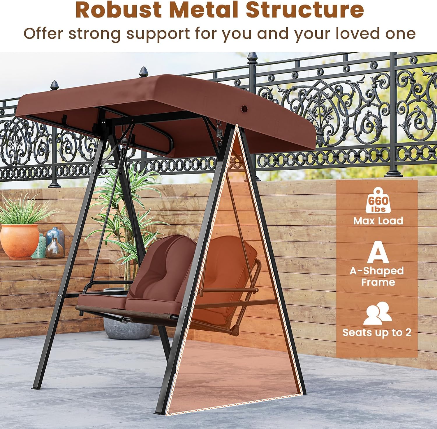 Tangkula 2 Person Porch Swing, Patio Swing with Adjustable Canopy, Heavy-Duty Metal Frame & Soft Cushion, Outdoor Swing for Backyard, Garden (Brown)