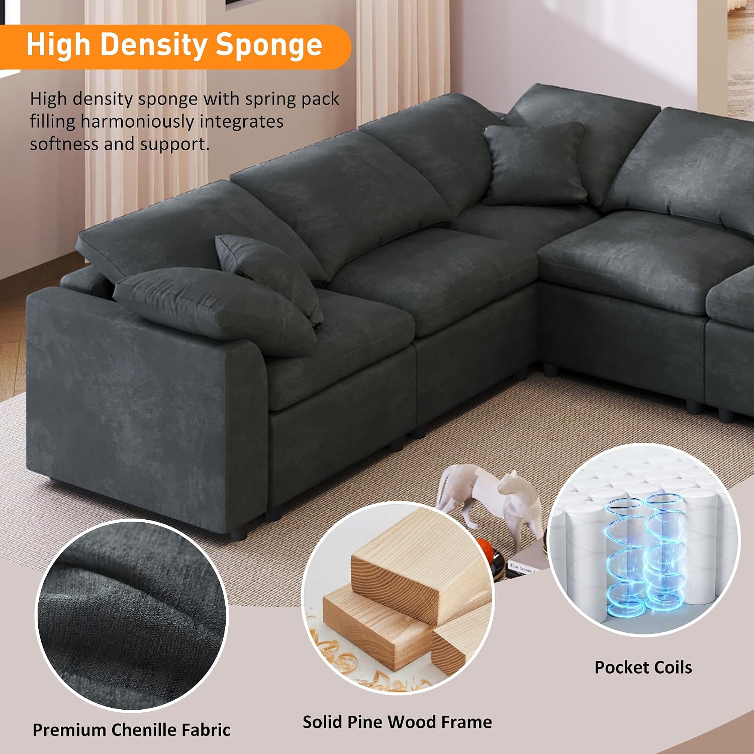 124.8' W Modular Sectional Sofa L Shaped Modern Couch with Ottoman, Deep Seat and Wide Chaise for Living Room, Gray