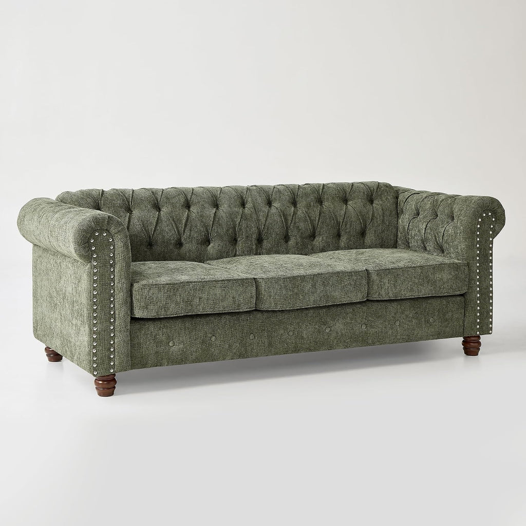 Modern Chesterfield 2-Piece Chenille Sofa & Armchair Combo, Tufted Couch and Accent Chair with Rolled Arms Nailhead Trim and Solid Wood Legs Traditional Upholstered Sofa Set for Living Room Home Green