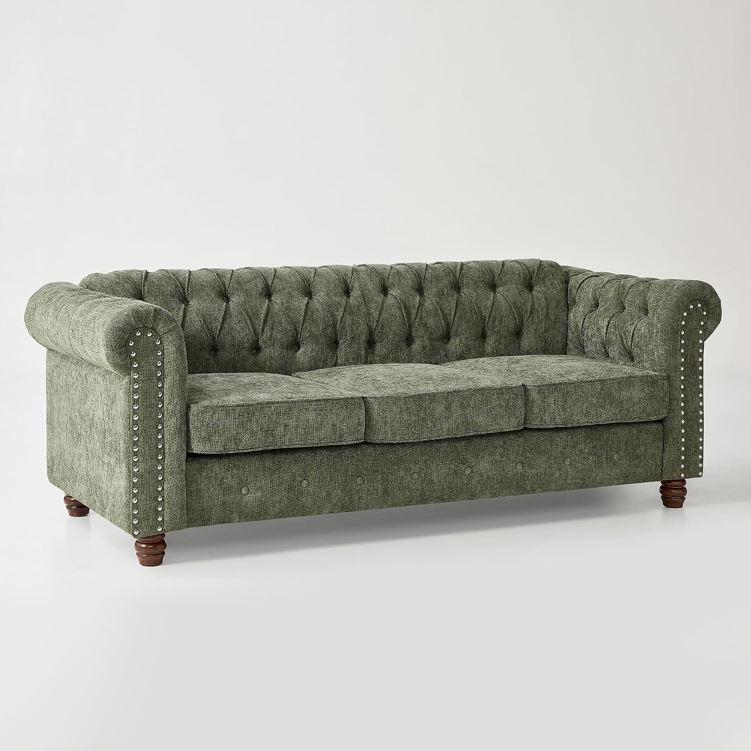 Modern Chesterfield 2-Piece Chenille Sofa & Armchair Combo, Tufted Couch and Accent Chair with Rolled Arms Nailhead Trim and Solid Wood Legs Traditional Upholstered Sofa Set for Living Room Home Green