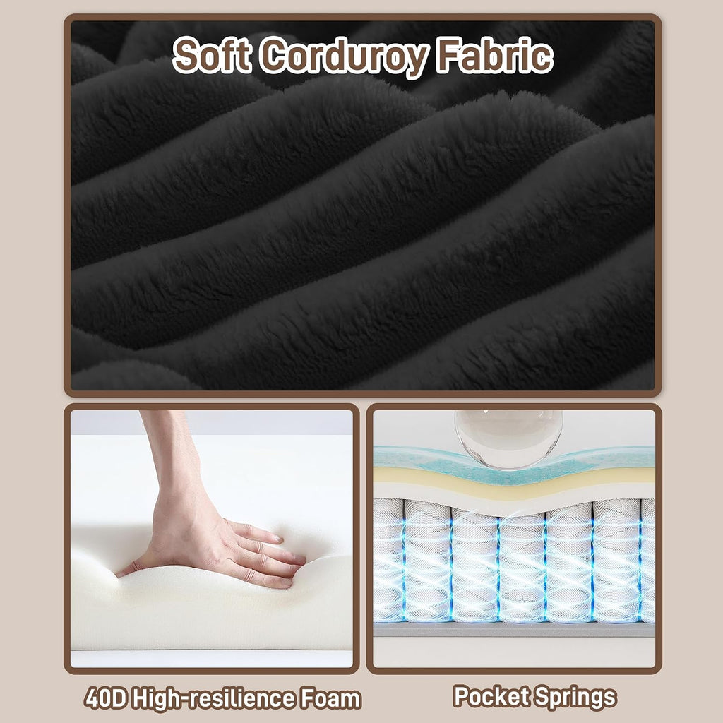 152' Oversized U Shaped Cloud Couches for Living Room, Fluffy Large Modular Sectional Sofa Set with Ottoman Chaise Comfy Corduroy Black Boneless Couch with Cup Holder Bluetooth Speaker USB Port