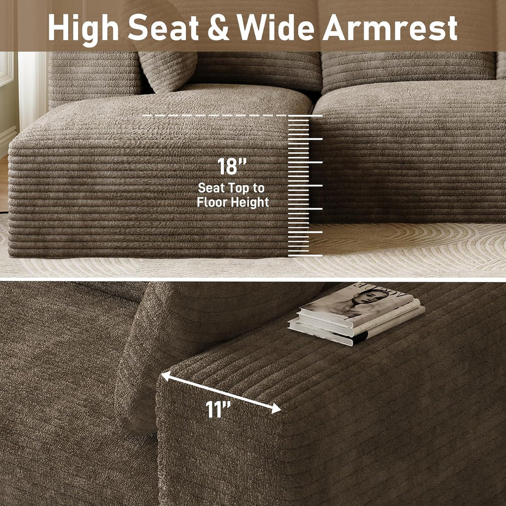107' L-Shaped Boneless Sectional Couches for Living Room, Comfy Corduroy Fluffy Cloud Couch, Deep Seat Memory Foam Plush Modular Sectional Sofa with Left-Facing Chaise, No Assembly, Brown
