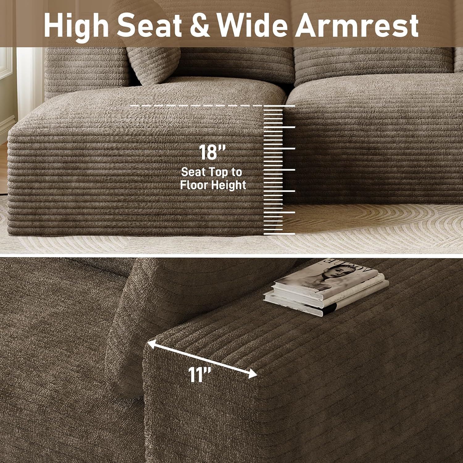 107' L-Shaped Boneless Sectional Couches for Living Room, Comfy Corduroy Fluffy Cloud Couch, Deep Seat Memory Foam Plush Modular Sectional Sofa with Left-Facing Chaise, No Assembly, Brown