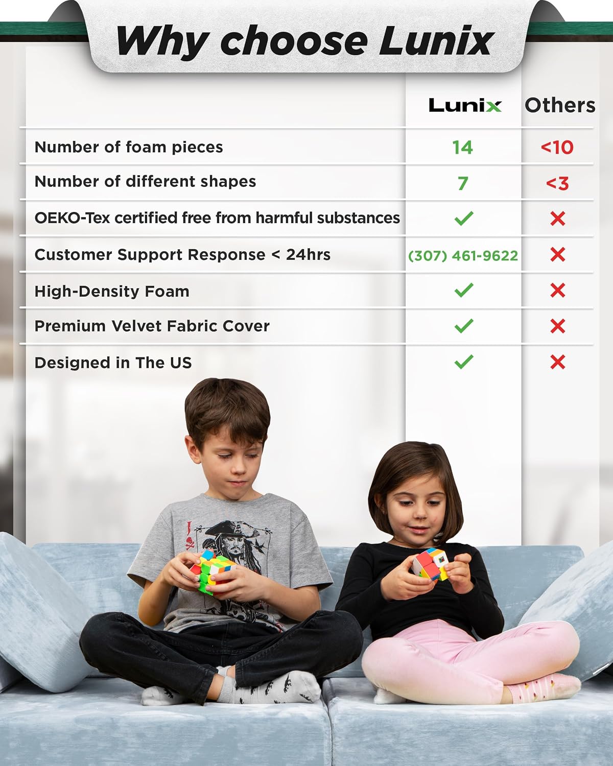 Lunix LX15 14pcs Modular Kids Play Couch, Child Sectional Sofa, Fortplay Bedroom and Playroom Furniture for Toddlers, Convertible Foam and Floor Cushion for Boys and Girls, Serenity Blue