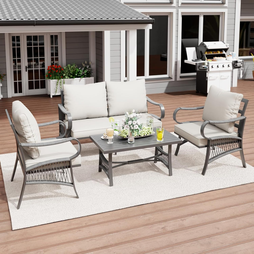 4 Piece Patio Furniture Set, All Weather Outdoor Sectional Sofa Conversation Set with Thick Cushions and Metal Coffee Table for Garden, Porch, Lawn, Beige