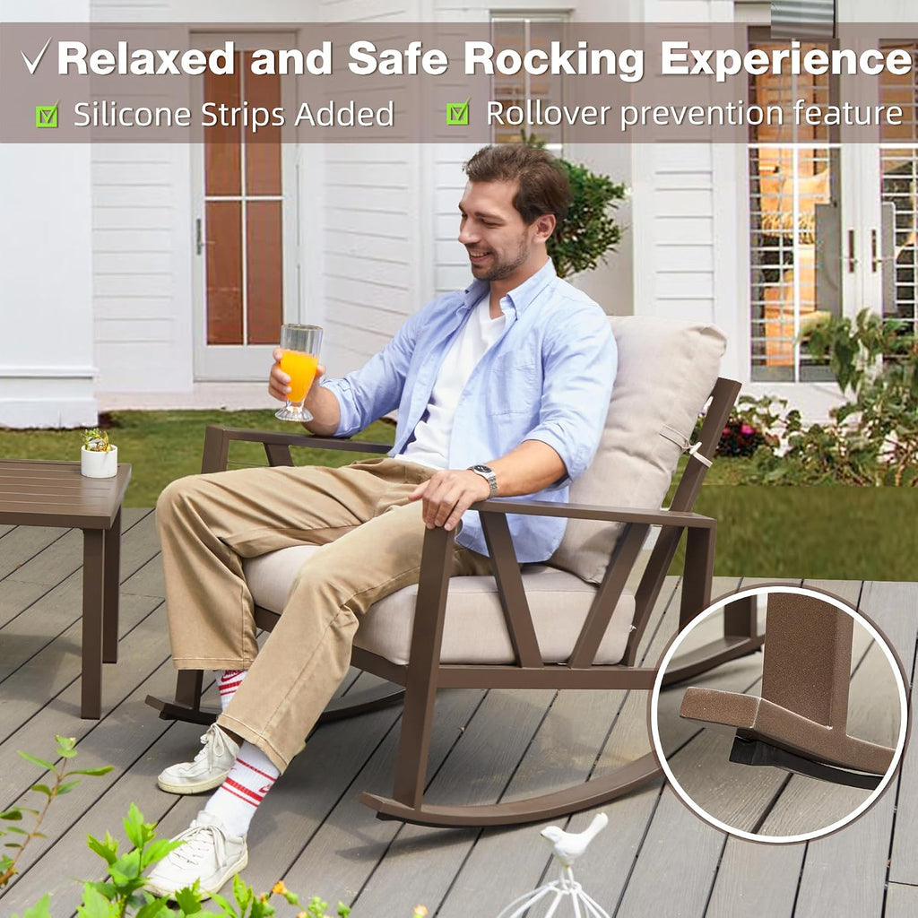Patio Porch Furniture Set, Outdoor Rocking Chairs Set of 2 with Coffee Table, 3 Piece Metal Outdoor Patio Bistro Conversation Set, Beige