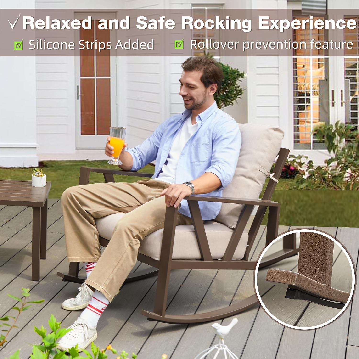 Patio Porch Furniture Set, Outdoor Rocking Chairs Set of 2 with Coffee Table, 3 Piece Metal Outdoor Patio Bistro Conversation Set, Beige