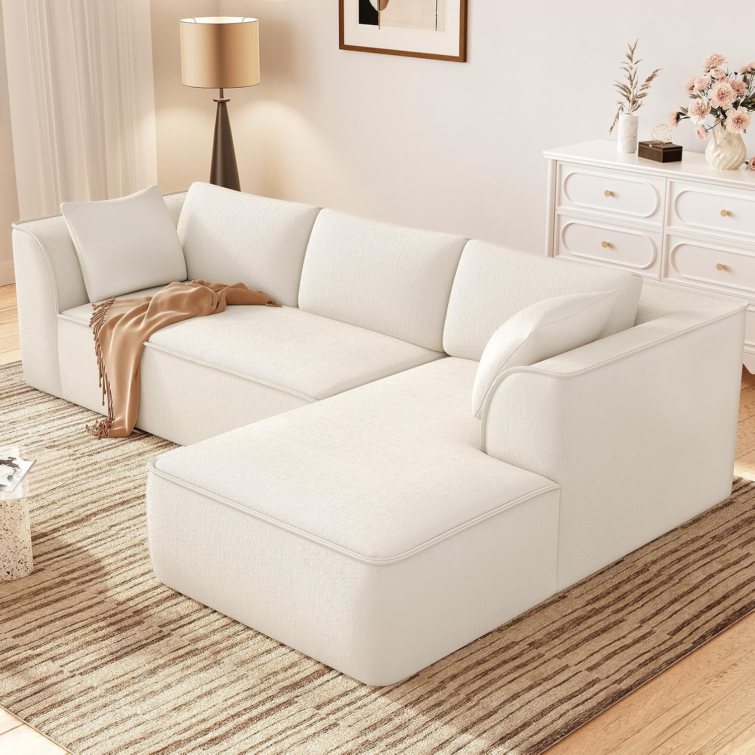 Vesgantti 106' Cloud Sectional Couch with Chaise, Deep Seat Modular Sectional Sofa Chenille Memory Foam Sofa Boneless Couches for Living Room Bedroom, No Assembly Required (Beige, Right-Facing Chaise)