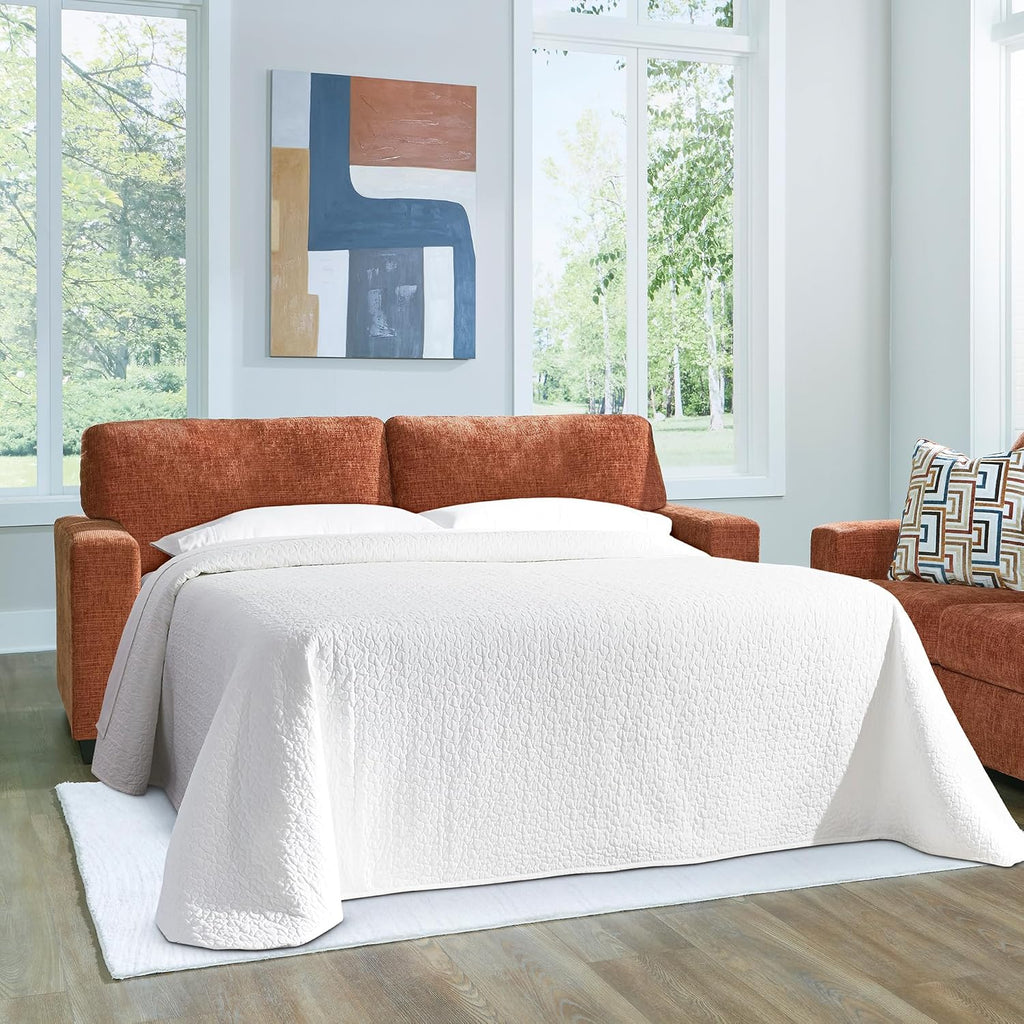 Signature Design by Ashley Aviemore Contemporary Sofa Sleeper with Folding Memory Foam Mattress and 2 Accent Pillows, Queen, Orange