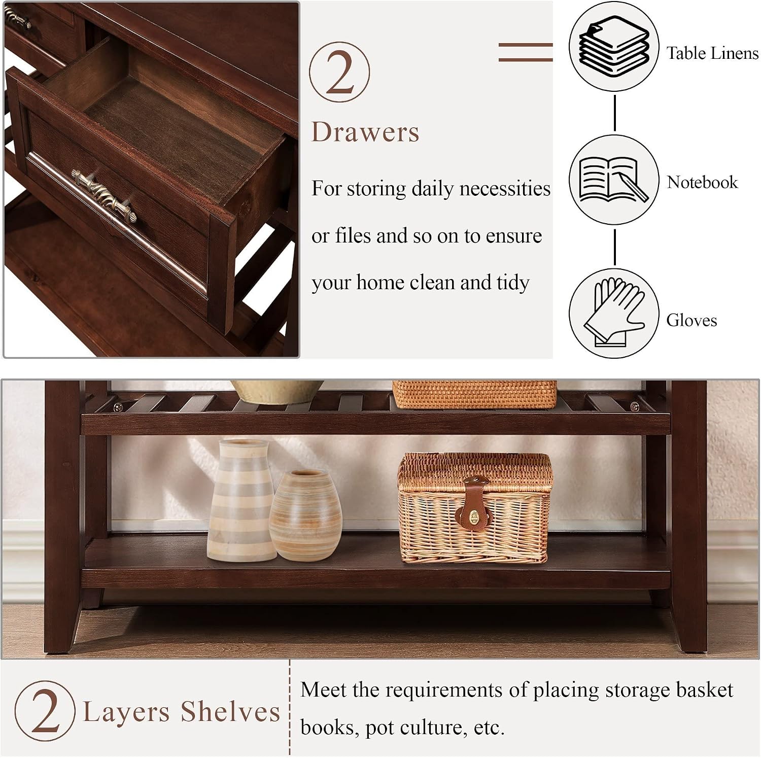 LKTART Solid Wood Console Table Sofa Tables with Drawers and Shelves Small Entryway Table for Living Room,Behind the Couch Table,Foyer(42' Espresso)