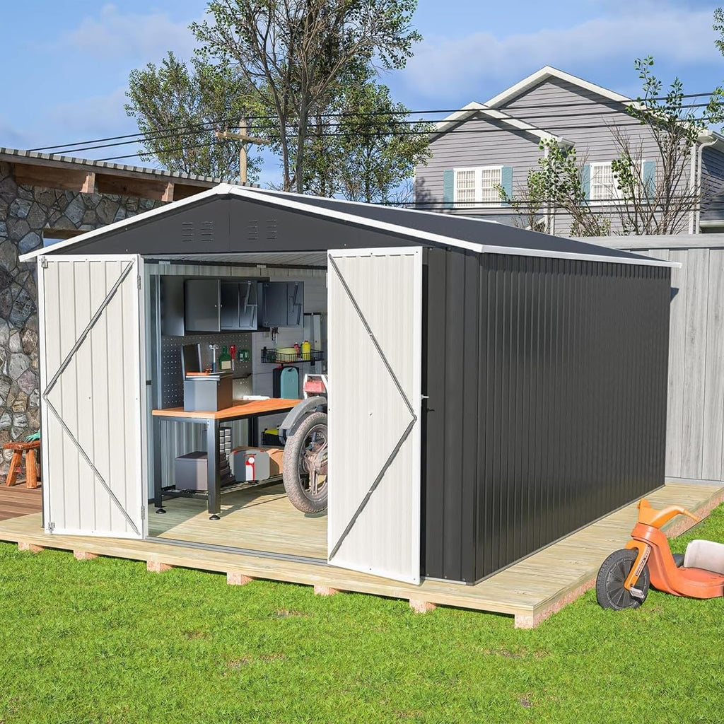 10x12 FT Shed Outdoor Storage Shed Metal Garden Shed with Lockable Doors & Slooping Roof Tool Shed Bike Shed for Backyard, Patio, Poolside (Black)