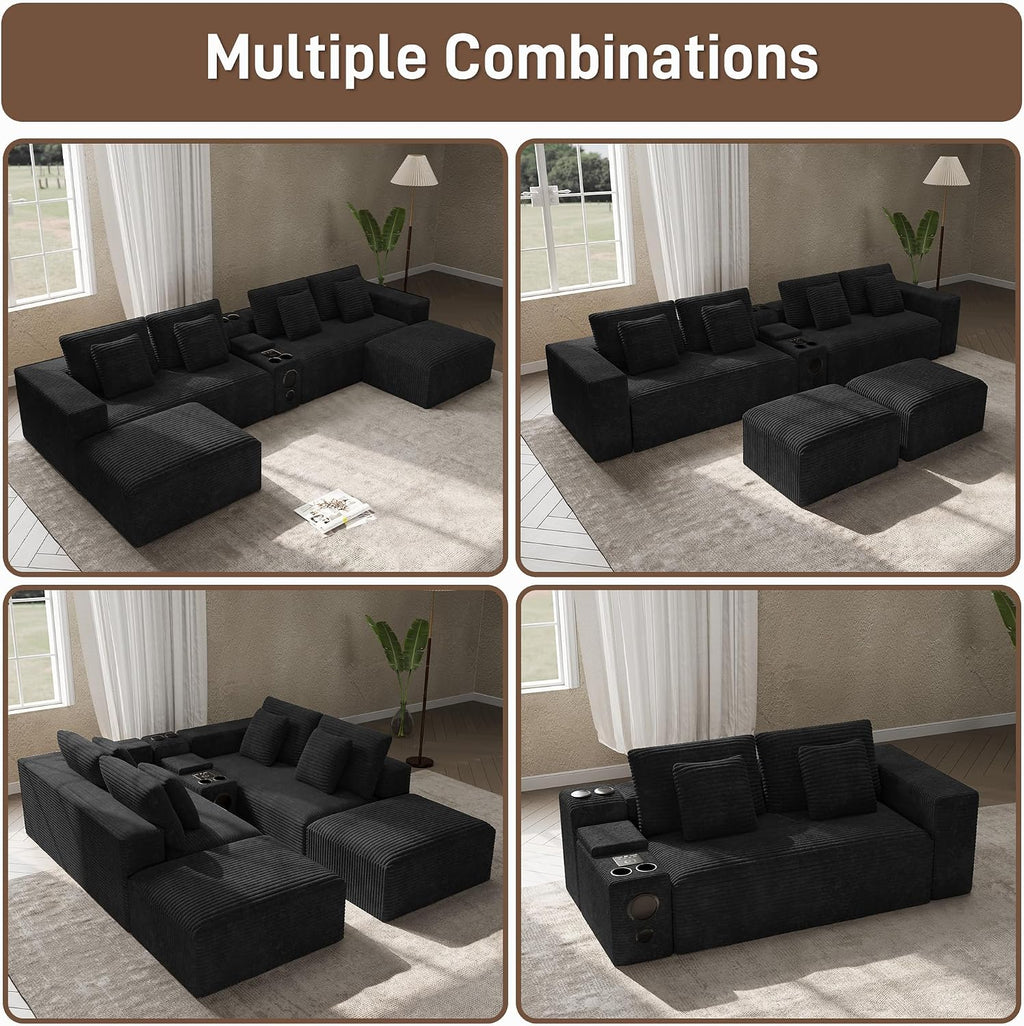 152' Oversized U Shaped Cloud Couches for Living Room, Fluffy Large Modular Sectional Sofa Set with Ottoman Chaise Comfy Corduroy Black Boneless Couch with Cup Holder Bluetooth Speaker USB Port