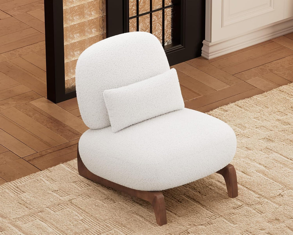 Morden Fort Cloud Boucle Chairs - Modern Accent Chairs Set of 2, Sturdy Tilted Wood Legs with Thick Cushion Comfy Lumbar Pillow Armless Reading Chairs for Living Room Lounge Bedroom - Off White