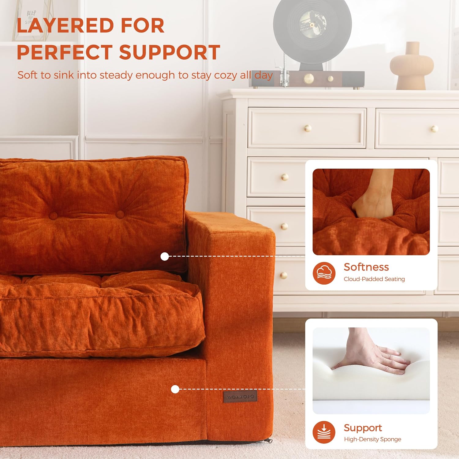 MAXYOYO Boneless Sofa Couch, 75' Oversized Loveseat Sofa, Tufted Floor Couch Bean Bag Chair for Living Room Bedroom Apartment, Sofa in a Box, No Assembly Needed, Orange