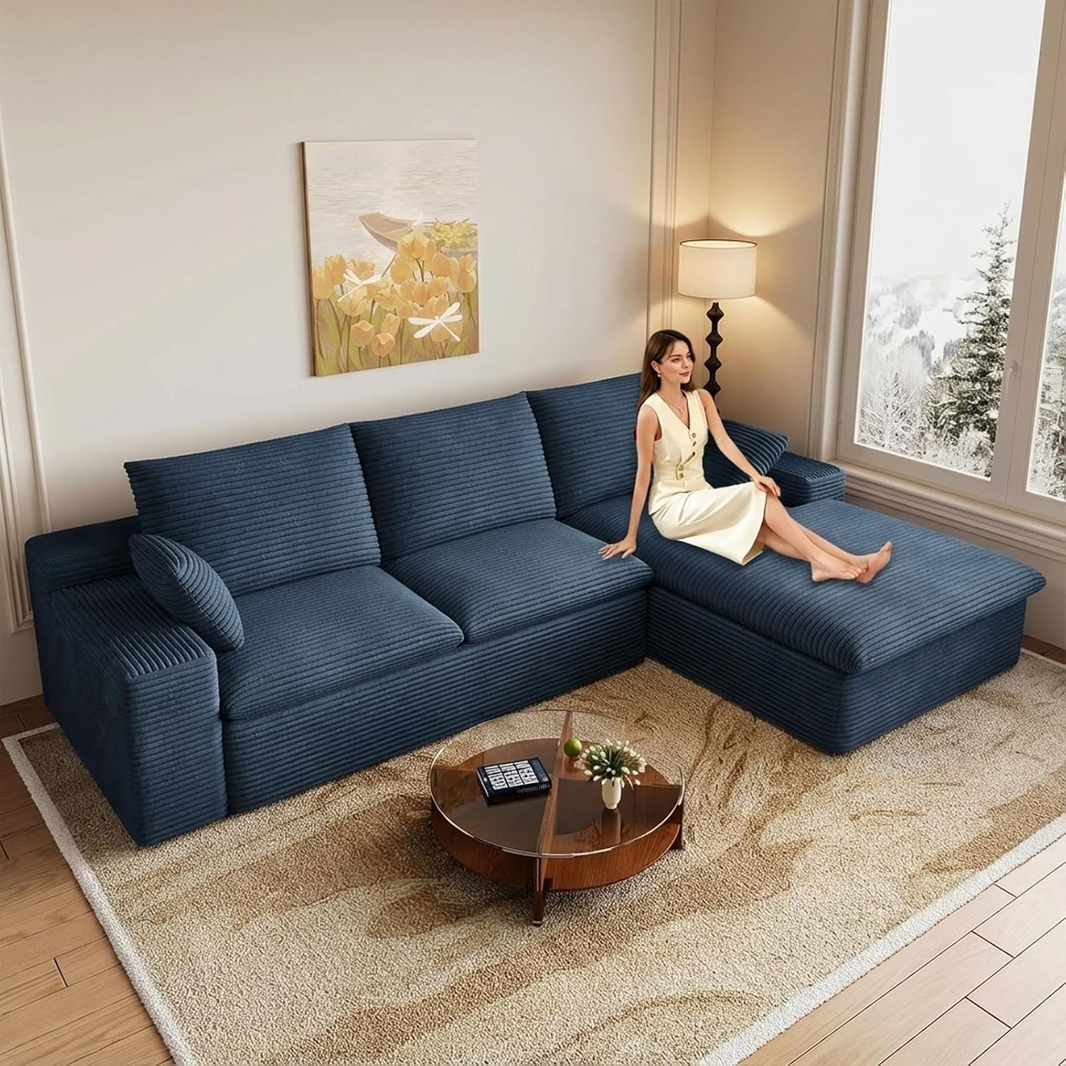 107' Cloud Couch Modular Sectional Sofa for Living Room, L-Shape Boneless Couch with Deep Seat, Modern Corduroy 3-Seater, No Assembly Required (Blue,Right-Facing Chaise)