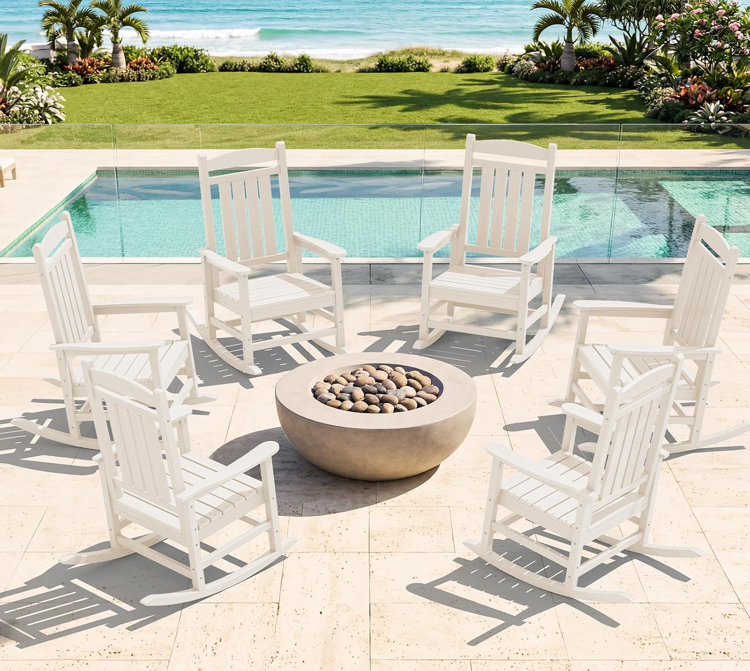 KINGYES Oversized HDPE Patio Rocking Chair Set of 6, Outdoor Rocking Chairs Porch Rocker for Adults, White
