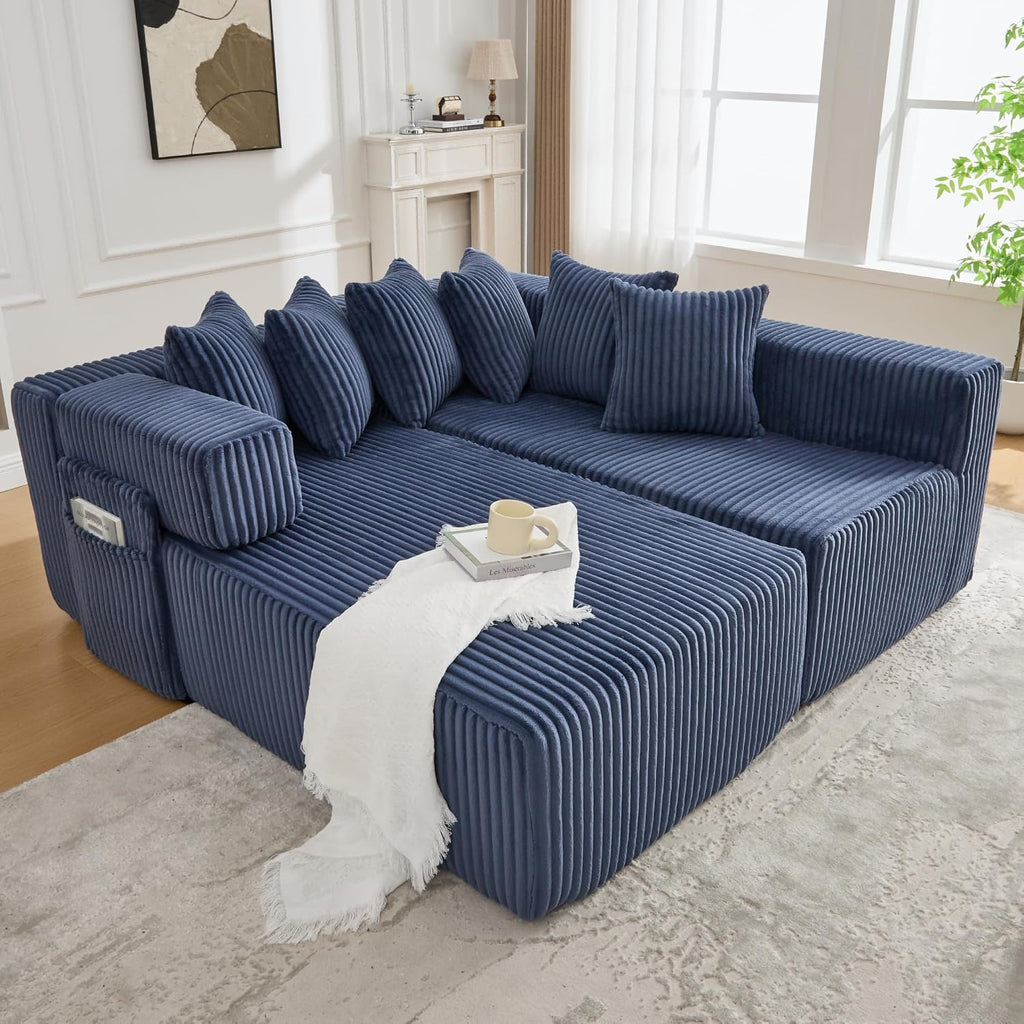 Oversized Cloud Boneless Couch with Chaise, 146' Modern U Shape Modular Deep Seat Sectional Sofa, Comfy Corduroy Upholstered Couches for Living Room, No Assembly Required-Blue
