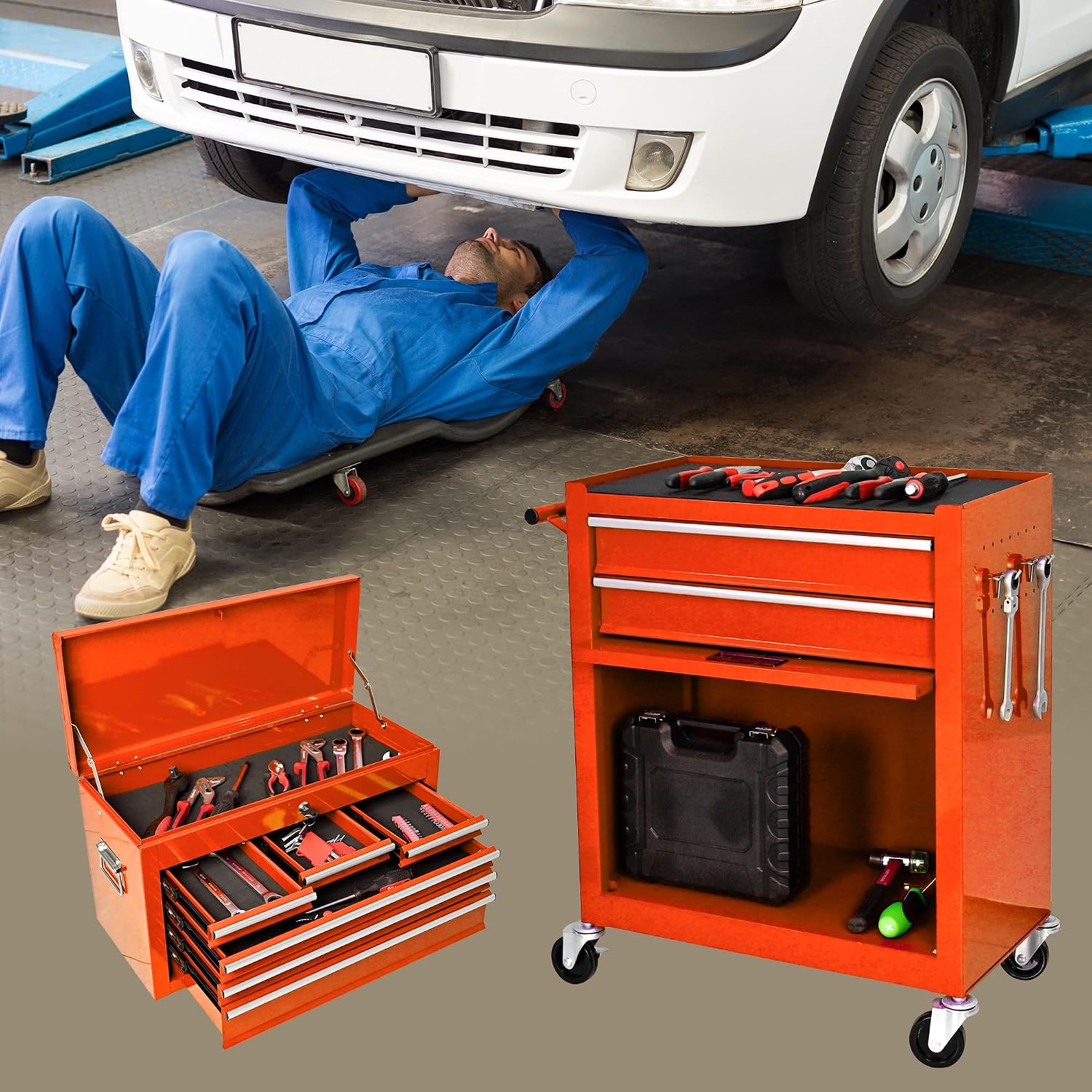 8-Drawer Tool Chest,Rolling Tool Box with Detachable Top Toolbox & Key Lock,Tool Cabinet with Universal Lockable Wheels,Lock Bar,Protective Liner,Metal Storage Cart for Garage,Workshop (Orange)