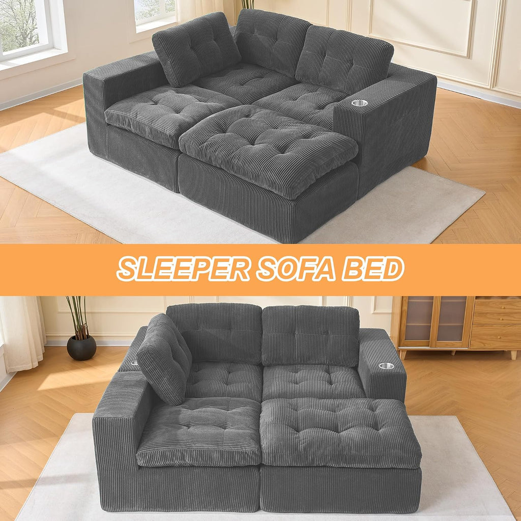 Black L Shaped Modular Cloud Sectional Sofa, Comfy 3 Seater Sectional Couches for Living Room with Cup Holders, Modern L Shape Sofa Set for Living Room Bedroom (Grey)