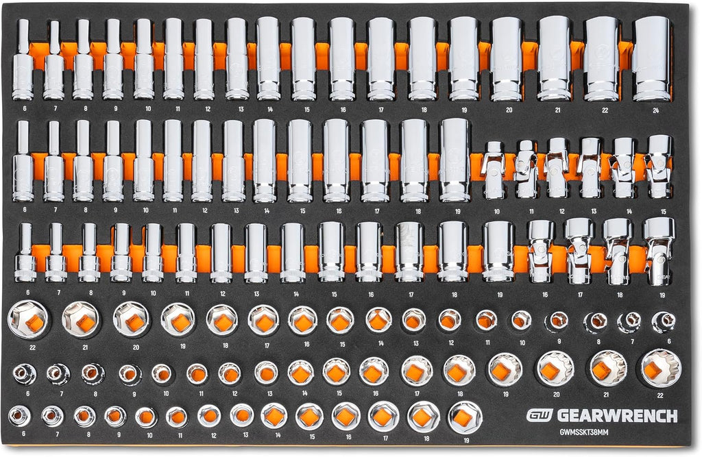 GEARWRENCH 104 Piece 3/8' Drive Master Metric Socket Set in Foam Storage Tray - GWMSSKT38MM