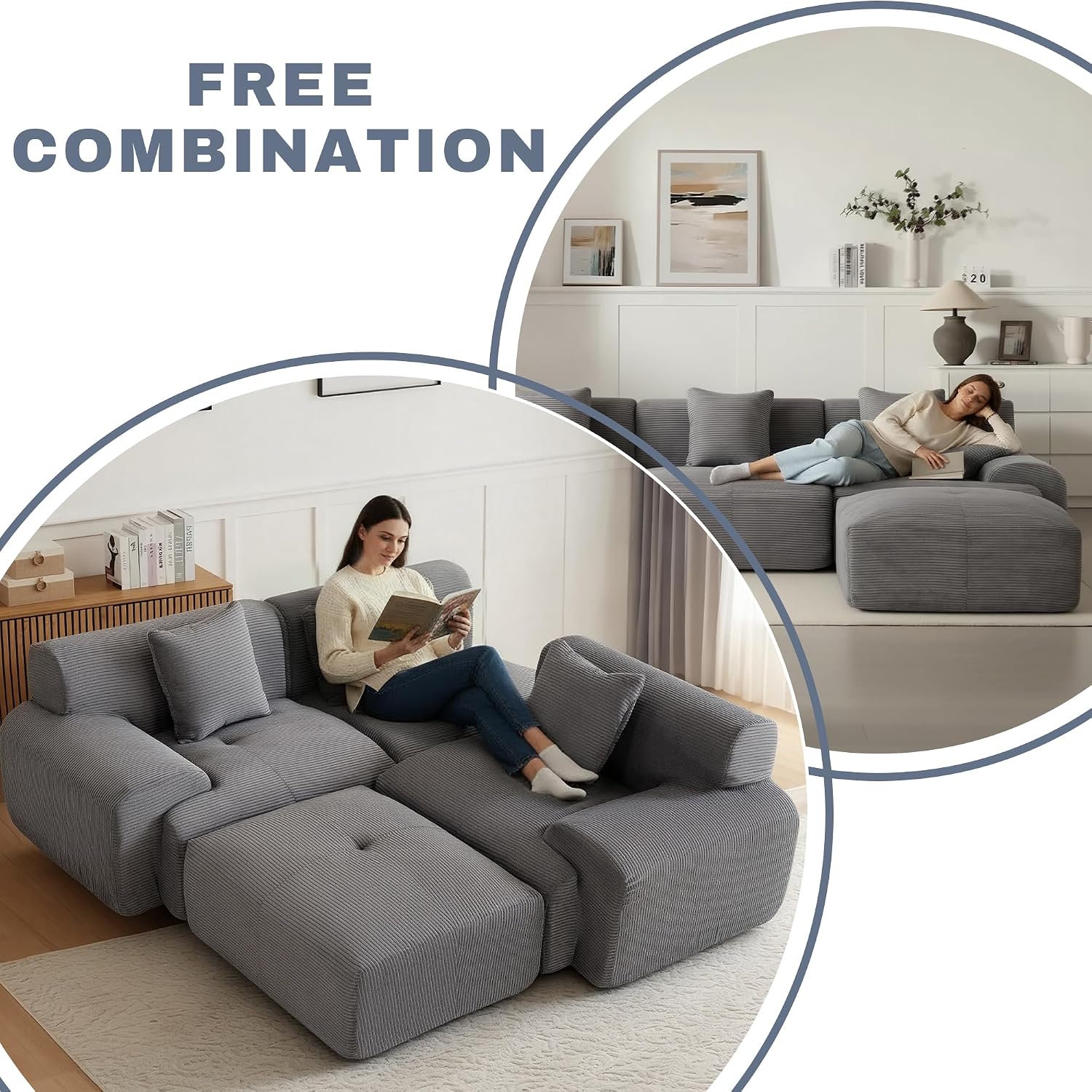 107' Cloud Modular Sectional Couch,Boneless Sofa with Ottman,L-Shape Upholstered Sofas with Deep Seat,Modern Cozy Corduroy Couches with Memory Foam,No Assembly Required (Dark Grey)