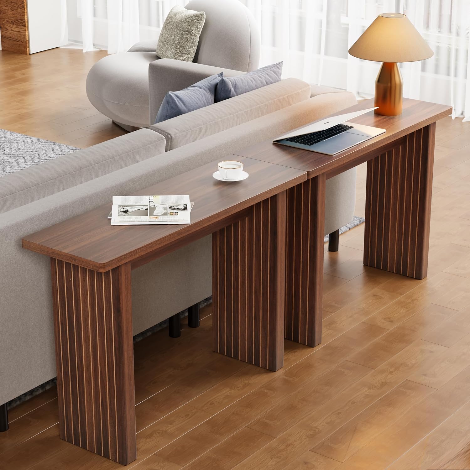 AVZEAR Mid Century Narrow Entryway Console Table, 43.3' Fluted Wood Couch Table Behind Sofa Long and Skinny for Living Room Hallway Entrance Foyer, Walnut