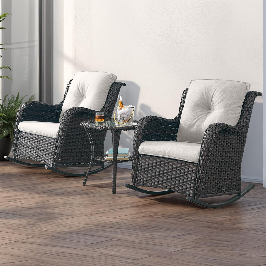 Rilyson Patio Chairs Outdoor Rocking Chair - 2 Piece Wicker Rattan Rocker Chairs Set with High Back and Deep Seating for Porch Deck Garden Backyard(Brown/Beige)