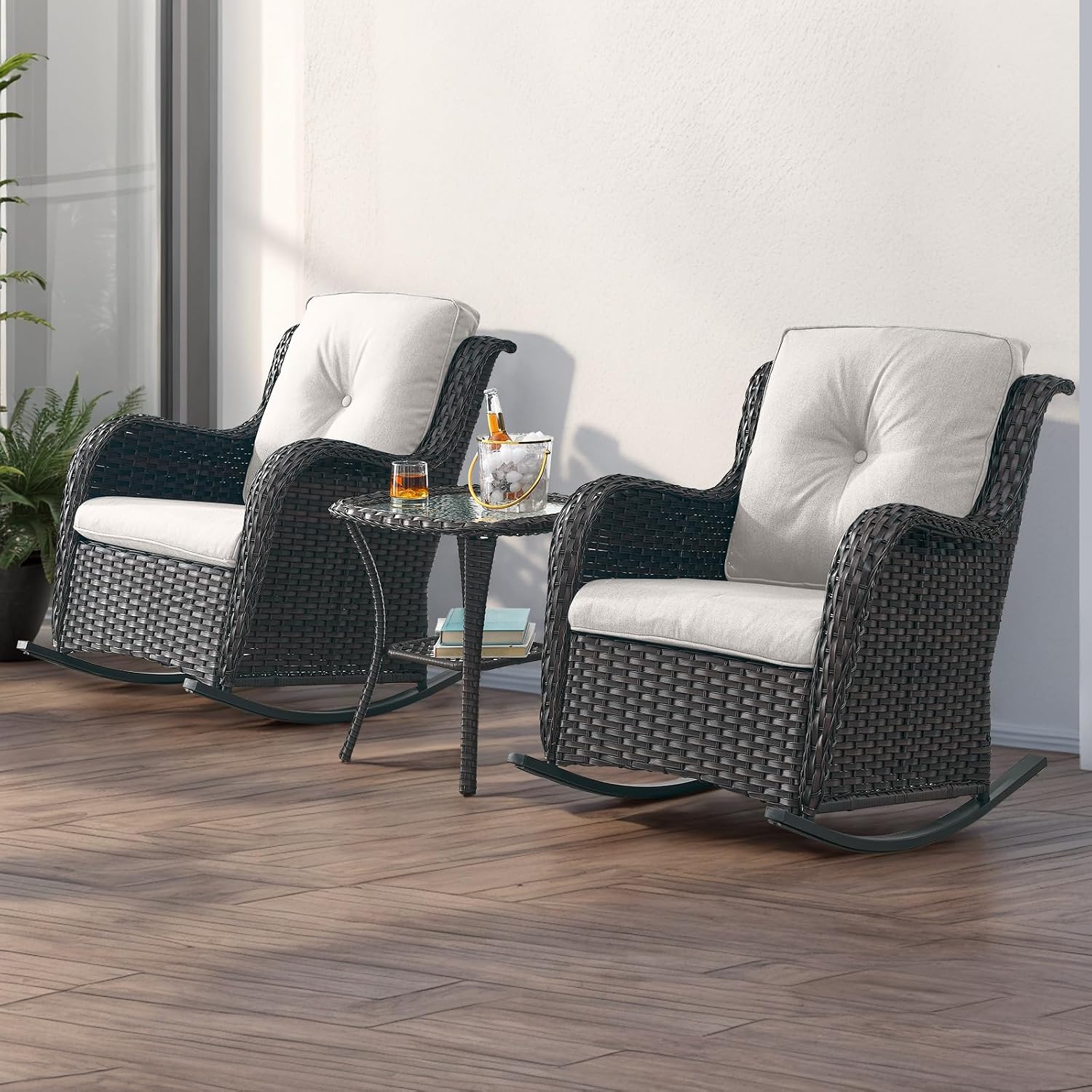 Rilyson Patio Chairs Outdoor Rocking Chair - 3 Piece Wicker Patio Bistro Set Rattan Patio Furniture Rocker Chairs and Side Table for Porch Deck Backyard Garden(Brown/Beige)