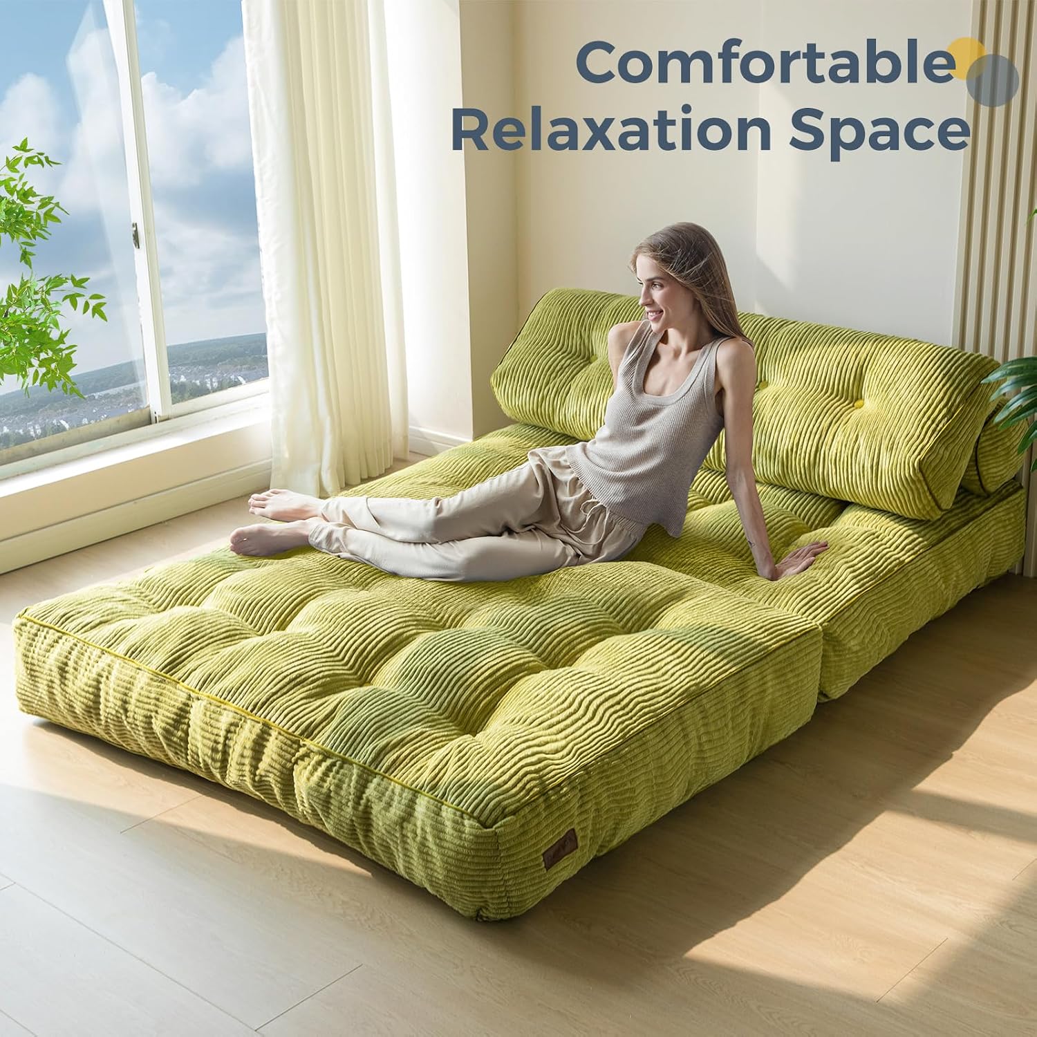 MAXYOYO Folding Sofa Bed, Convertible Sleeper Chair with Pilow Foldable Mattress with Back Support, Portable Fold Out Chair Bed for Living Room Bedroom, Green Double