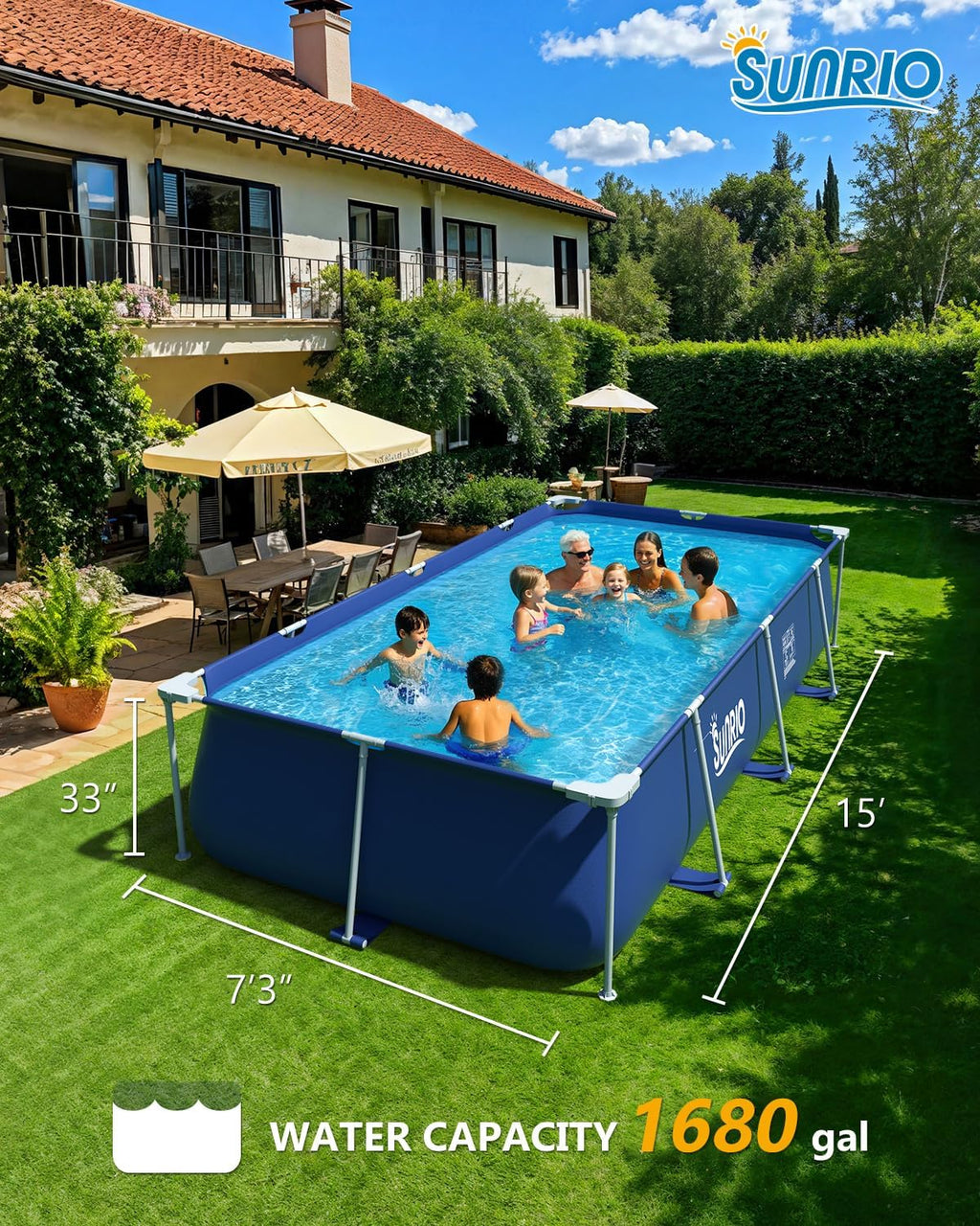15'*7'3'*33' Rectangular Above Ground Swimming Pool Metal Frame Family Pool for Kids and Adults with 530 GPH Filter Pump Pool Cover and Ground Cover Capacity 1680 Gallon